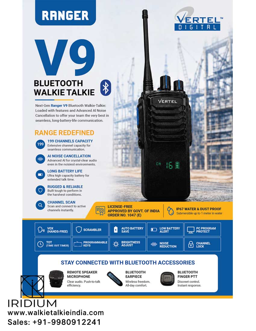 Vertel Ranger V9 License Free Walkie Talkie Dealer Distributor Bengalore Walkie Talkie Suppliers in Bengaluru Mysore Mangalore Channai